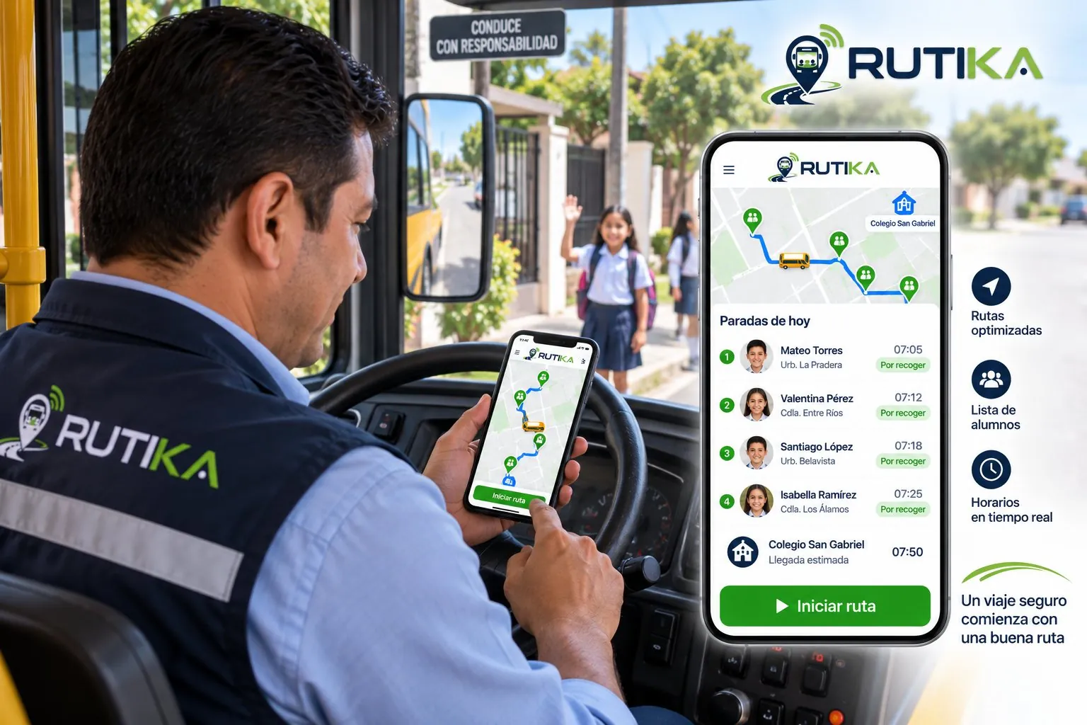 Chofer usando la app de Rutika para ver la lista de paradas e iniciar la ruta
