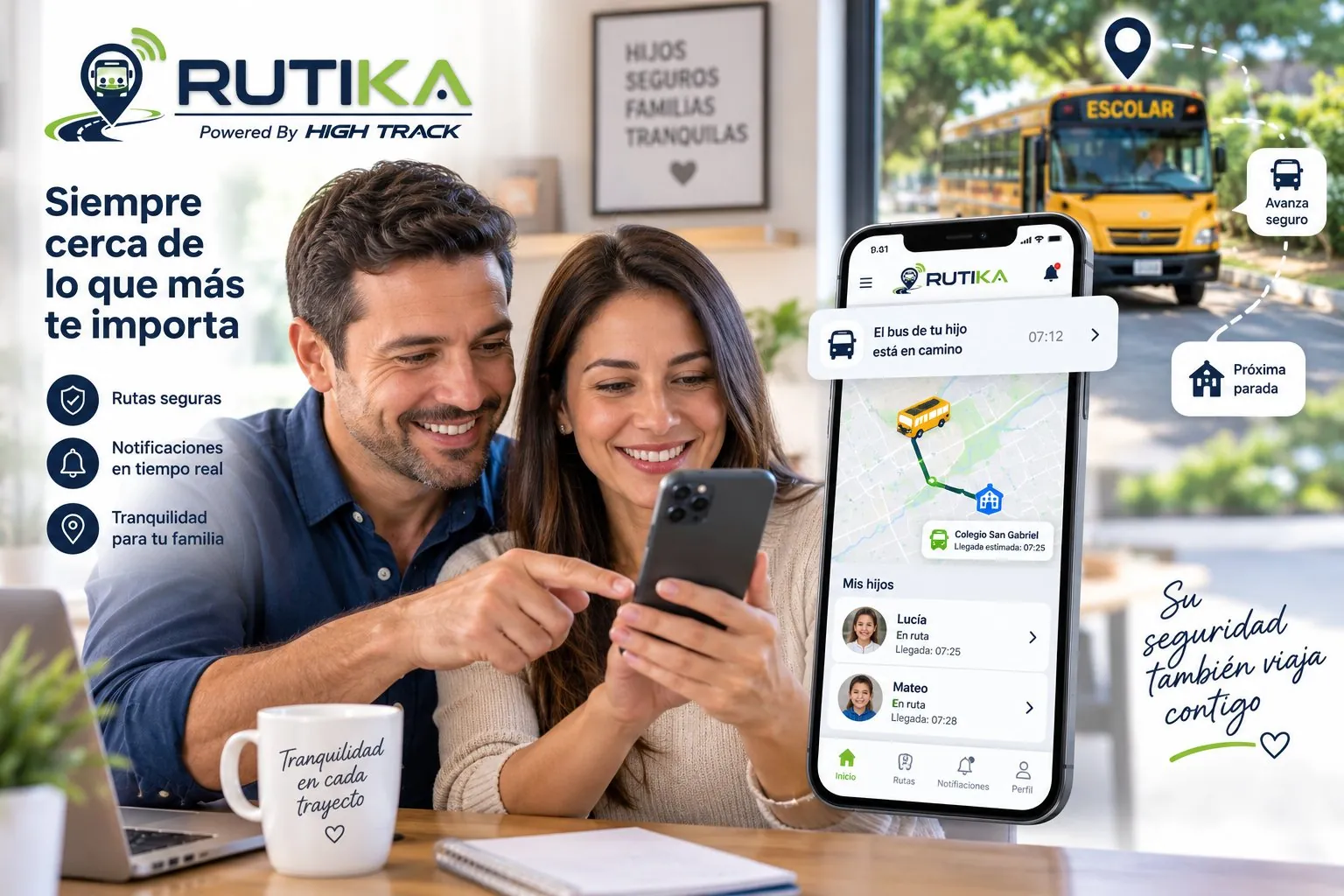 Padres viendo en la app de Rutika la ubicación de sus hijos en el bus escolar