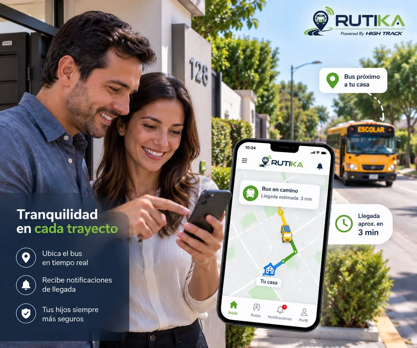 Padres revisando en el celular la ubicación en vivo del bus escolar en la app de Rutika