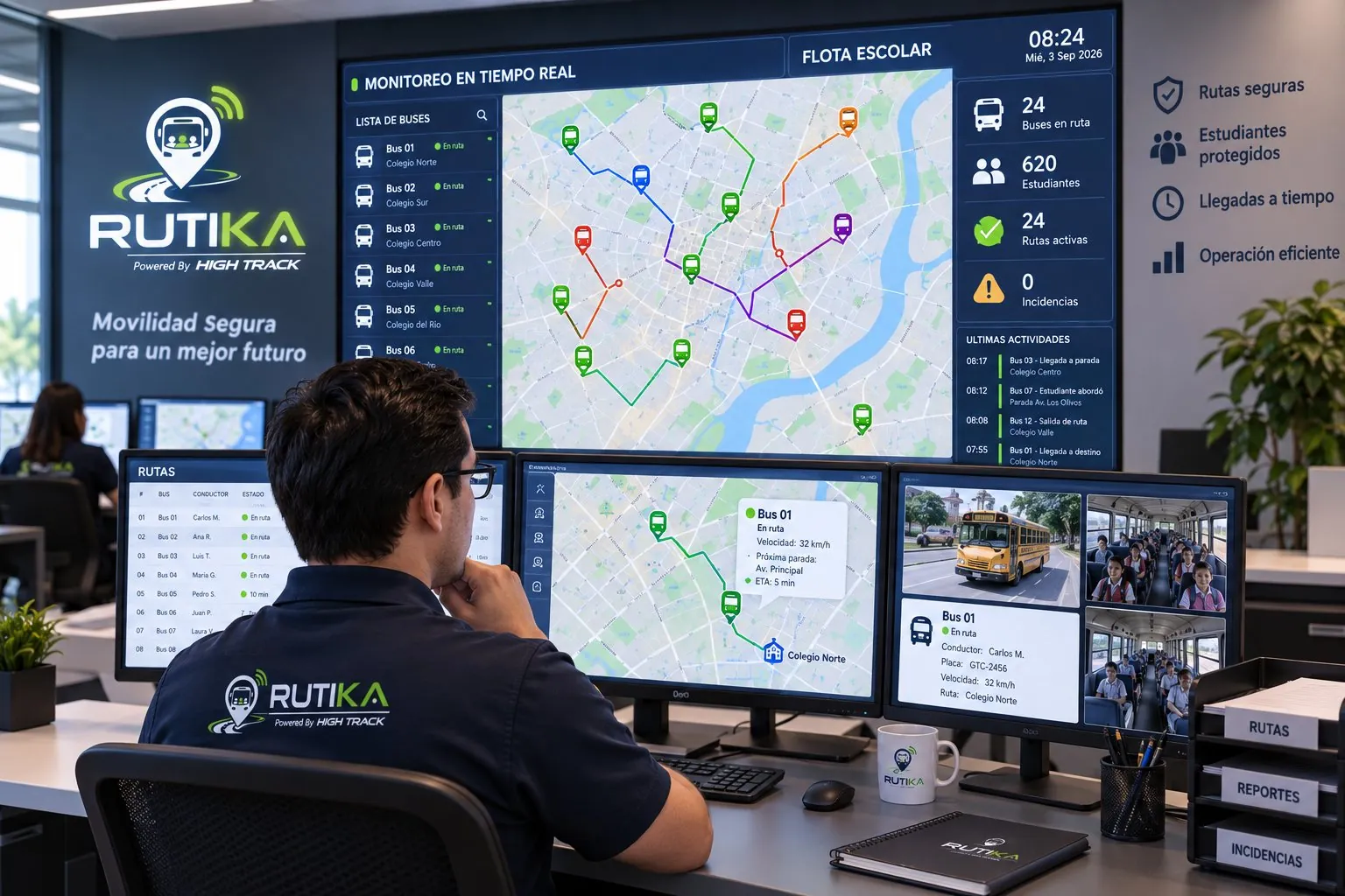 Centro de monitoreo con la flota completa en el panel de Rutika